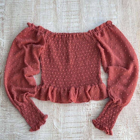 Q+A Los Angeles Smocked Cropped Long Sleeve Blouse/Shirt Rust Brown Size Small - Picture 1 of 6
